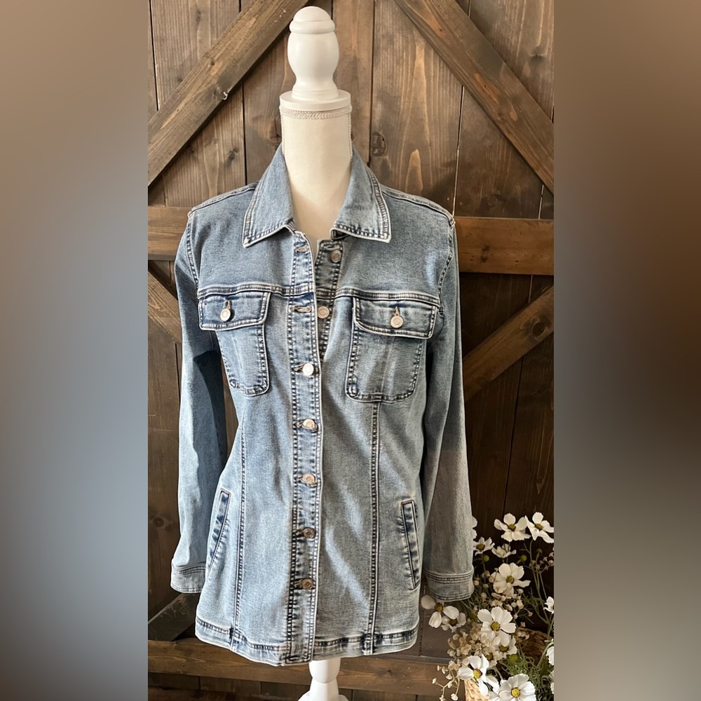 Maurices Long jean jacket with belt sz Large